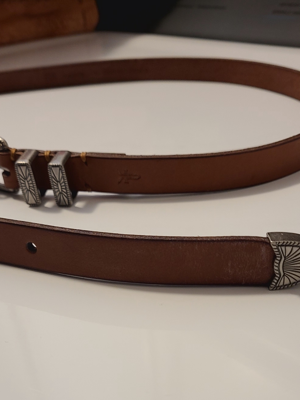 Frye Brown Leather Belt with Engraved Silver Buckle - Picture 6 of 7